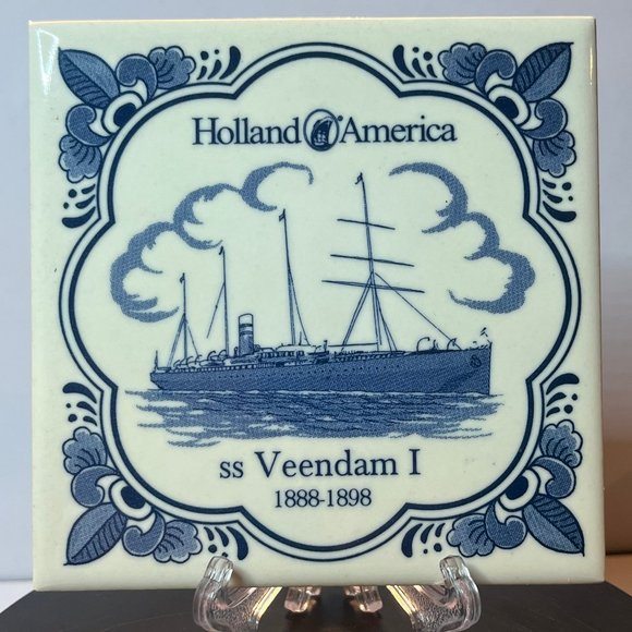 Vintage Holland America Line Blue Delft Tile Coasters ms Veendam I 1888-1898 - Picture 1 of 2